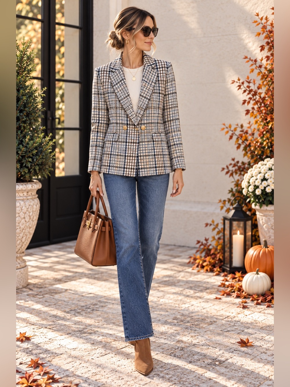Talbots Plaid Double Breasted Blazer Jacket Cream Blue Tan Longline 8